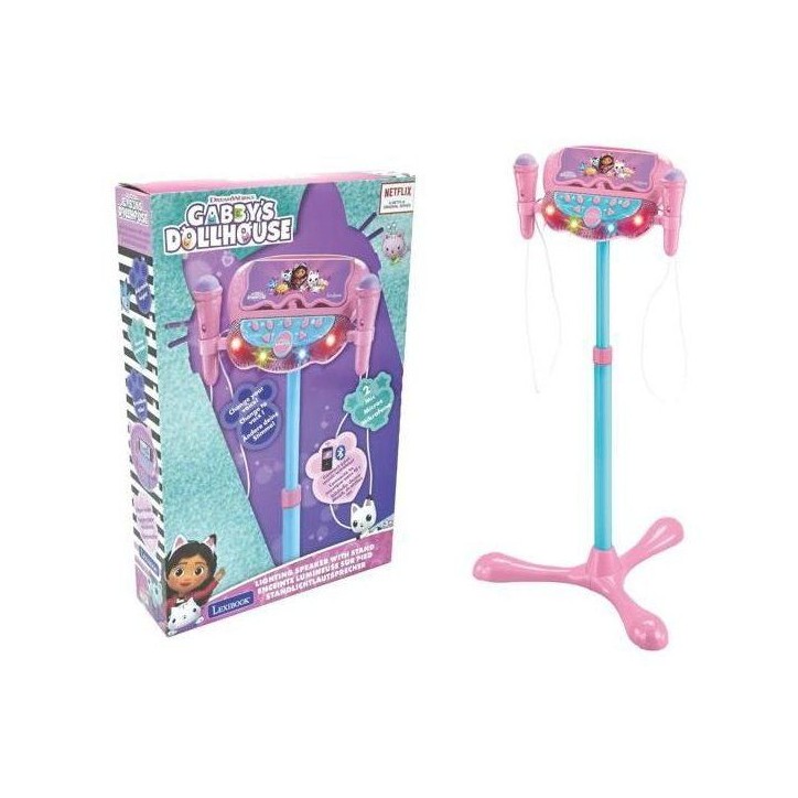 Microphone Gabby et la maison magique sur pied ajustable lumineux avec enceinte, 2 Micros et Effets vocaux, Enceinte Bluetooth Microphone Gabby et la maison magique sur pied ajustable lumineux avec enceinte, 2 Micros et Effets vocaux, Enceinte Bluetooth