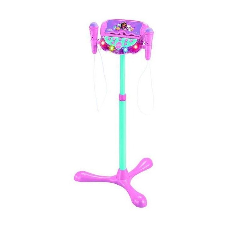 Microphone Gabby et la maison magique sur pied ajustable lumineux avec enceinte, 2 Micros et Effets vocaux, Enceinte Bluetooth Microphone Gabby et la maison magique sur pied ajustable lumineux avec enceinte, 2 Micros et Effets vocaux, Enceinte Bluetooth