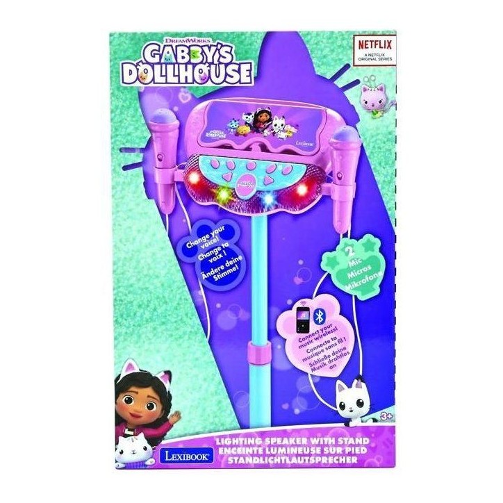 Microphone Gabby et la maison magique sur pied ajustable lumineux avec enceinte, 2 Micros et Effets vocaux, Enceinte Bluetooth Microphone Gabby et la maison magique sur pied ajustable lumineux avec enceinte, 2 Micros et Effets vocaux, Enceinte Bluetooth