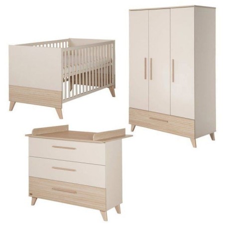Chambre bébé trio : Lit évolutif 70 x 140 cm + Commode a langer + Armoire - SIDNEY - ROBA - Chene / Beige