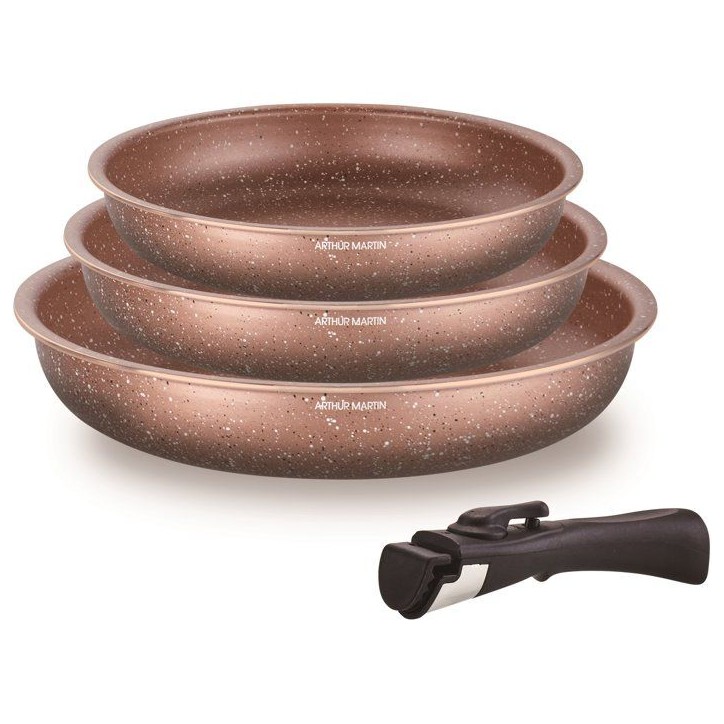 Set de 3 poeles - Tous feux dont induction - ARTHUR MARTIN - AM9811 - Ø 20, 24 et 28 cm + 1 poignée amovible - Terracotta