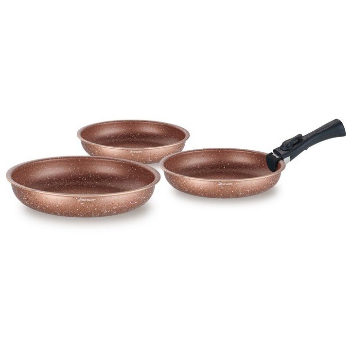 Set de 3 poeles - Tous feux dont induction - ARTHUR MARTIN - AM9811 - Ø 20, 24 et 28 cm + 1 poignée amovible - Terracotta