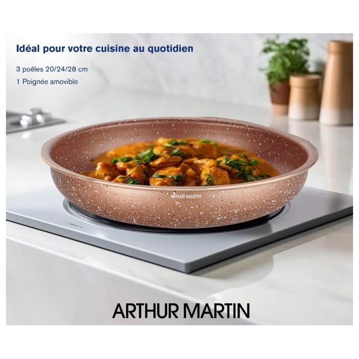 Set de 3 poeles - Tous feux dont induction - ARTHUR MARTIN - AM9811 - Ø 20, 24 et 28 cm + 1 poignée amovible - Terracotta