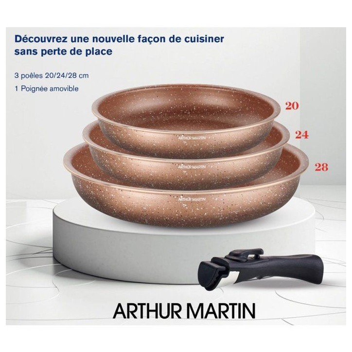 Set de 3 poeles - Tous feux dont induction - ARTHUR MARTIN - AM9811 - Ø 20, 24 et 28 cm + 1 poignée amovible - Terracotta