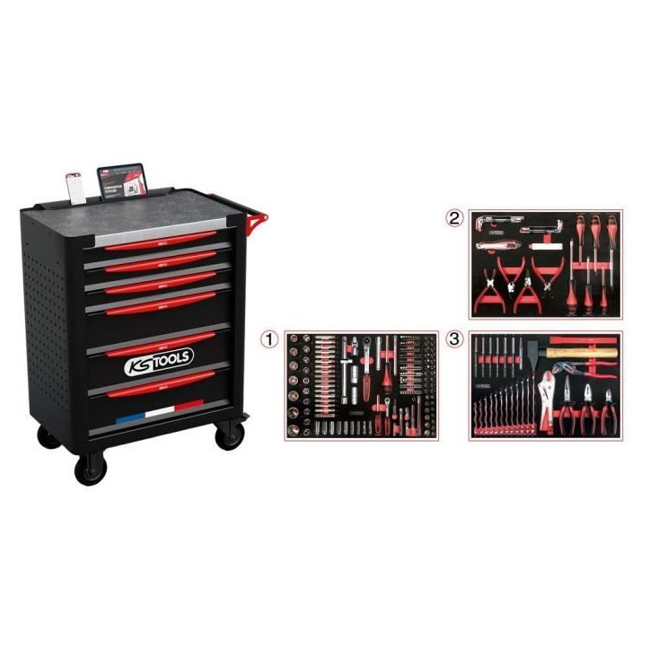 Servante d'atelier - Equipée - 6 tiroirs - KS Tools - 824.6134F - Noir - 264 outils - Fabriquée en France Servante d'atelier - Equipée - 6 tiroirs - KS Tools - 824.6134F - Noir - 264 outils - Fabriquée en France