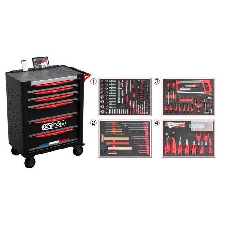 Servante d'atelier - Equipée - 6 tiroirs - KS Tools - 824.6536F - Noir - 265 outils - Fabriquée en France Servante d'atelier - Equipée - 6 tiroirs - KS Tools - 824.6536F - Noir - 265 outils - Fabriquée en France