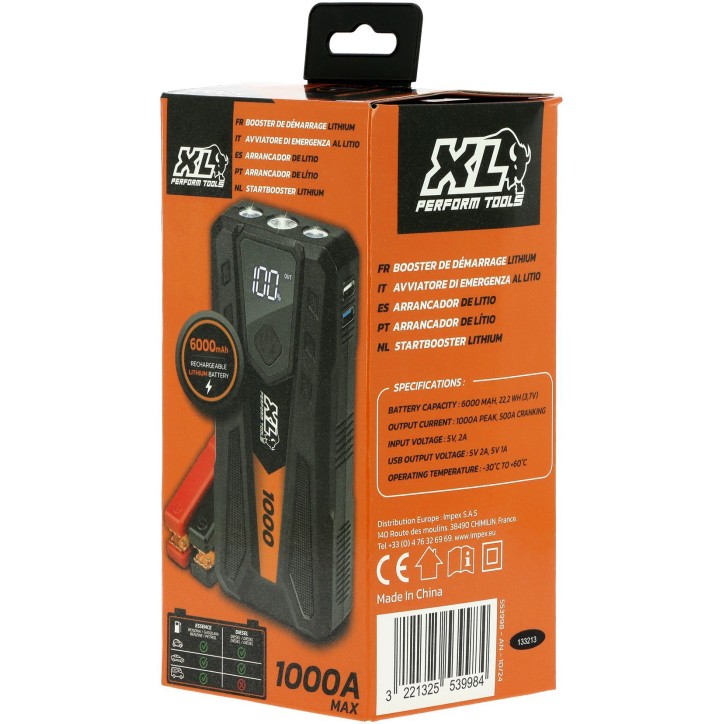Booster Lithium - XLPT - 1000 - 6000 mAh - 22,2 Wh - 500A nominal / 1000A crete - 2 sorties USB 5V - Pinces et câble inclus Booster Lithium - XLPT - 1000 - 6000 mAh - 22,2 Wh - 500A nominal / 1000A crete - 2 sorties USB 5V - Pinces et câble inclus
