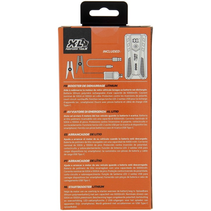 Booster Lithium - XLPT - 1000 - 6000 mAh - 22,2 Wh - 500A nominal / 1000A crete - 2 sorties USB 5V - Pinces et câble inclus Booster Lithium - XLPT - 1000 - 6000 mAh - 22,2 Wh - 500A nominal / 1000A crete - 2 sorties USB 5V - Pinces et câble inclus