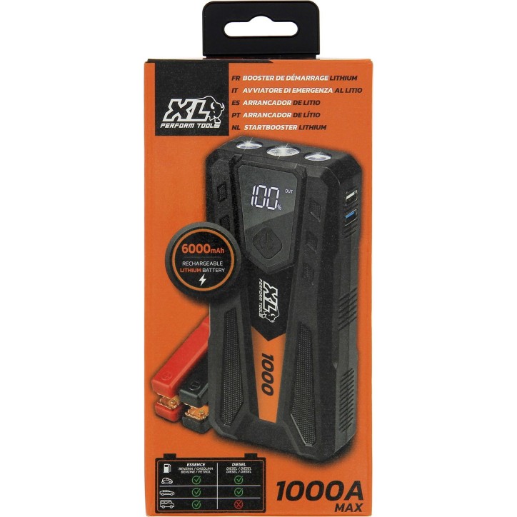 Booster Lithium - XLPT - 1000 - 6000 mAh - 22,2 Wh - 500A nominal / 1000A crete - 2 sorties USB 5V - Pinces et câble inclus Booster Lithium - XLPT - 1000 - 6000 mAh - 22,2 Wh - 500A nominal / 1000A crete - 2 sorties USB 5V - Pinces et câble inclus