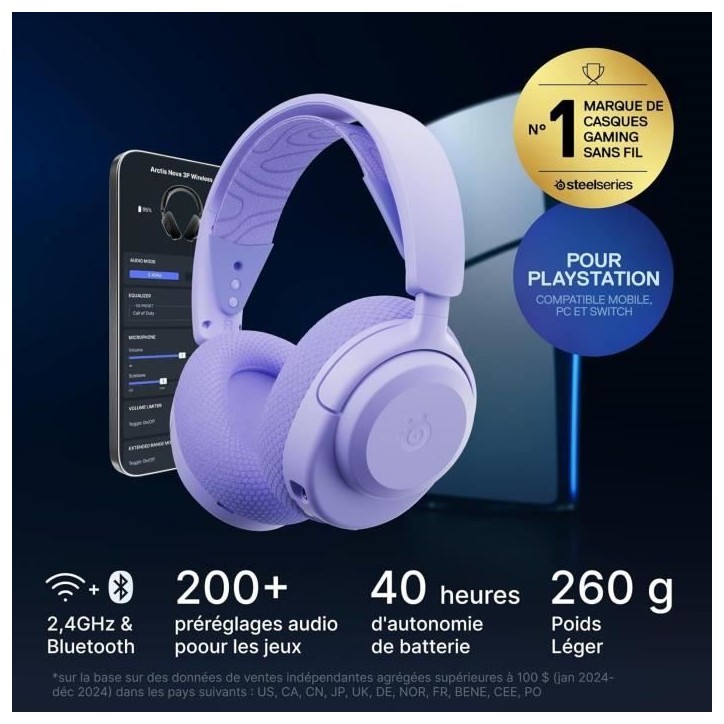 Casque gaming sans fil - STEELSERIES - Arctis Nova 3PW - Autonomie 40h - Connexion 2,4 GHz - Bluetooth
