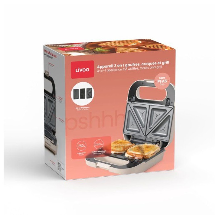 Appareil 3 en 1 - LIVOO - DOP256C - gaufres / croques / grill - 750 W Appareil 3 en 1 - LIVOO - DOP256C - gaufres / croques / grill - 750 W