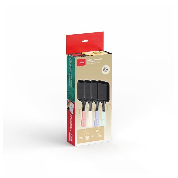 Lot de 4 caquelons a raclette - LIVOO - MEN438 - revetement antiadhésif sans PFAS - 8 x 8 cm - compatibles appareils a raclette Lot de 4 caquelons a raclette - LIVOO - MEN438 - revetement antiadhésif sans PFAS - 8 x 8 cm - compatibles appareils a raclette