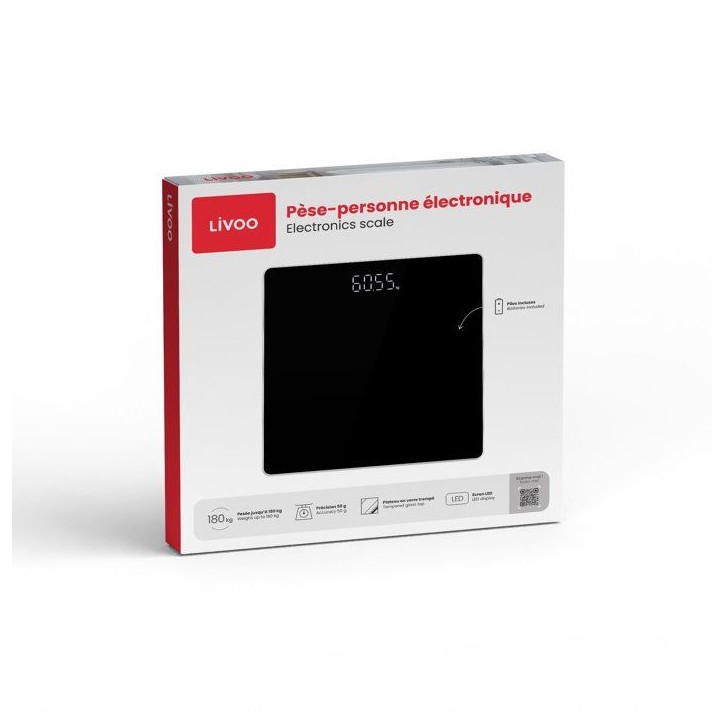 Pese-personne électronique - LIVOO - DOM524N - Écran LED - 180 kg - Verre trempé Pese-personne électronique - LIVOO - DOM524N - Écran LED - 180 kg - Verre trempé