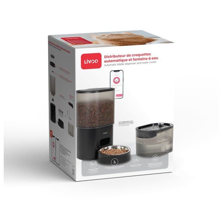 Distributeur de croquettes automatique et fontaine a eau - LIVOO - PET107 - Capacité 3 L - Connecté TUYA Distributeur de croquettes automatique et fontaine a eau - LIVOO - PET107 - Capacité 3 L - Connecté TUYA