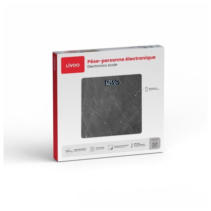 Pese-personne électronique - LIVOO - DOM529PN - Écran LCD rétroéclairé - 180 kg - Verre trempé Pese-personne électronique - LIVOO - DOM529PN - Écran LCD rétroéclairé - 180 kg - Verre trempé