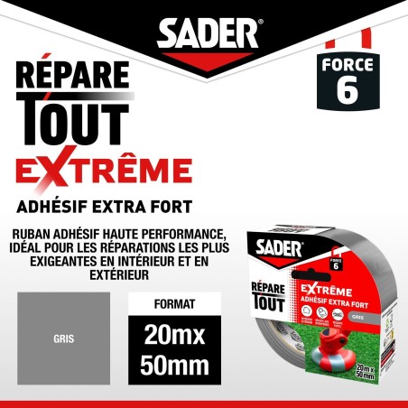 Adhésif extra fort - SADER - Repare tout extreme - Gris - Intérieur & Exterieur - Toutes surfaces - Facile a découper - 20 m