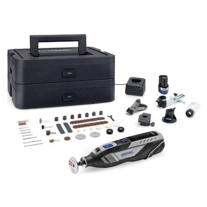 Dremel 8250 Outil Rotatif Multifonction Sans-fil 12V, 65 acc, 5 adaptations, 1 batterie 2Ah, de 5.000 a 30.000 tr/min Dremel 8250 Outil Rotatif Multifonction Sans-fil 12V, 65 acc, 5 adaptations, 1 batterie 2Ah, de 5.000 a 30.000 tr/min