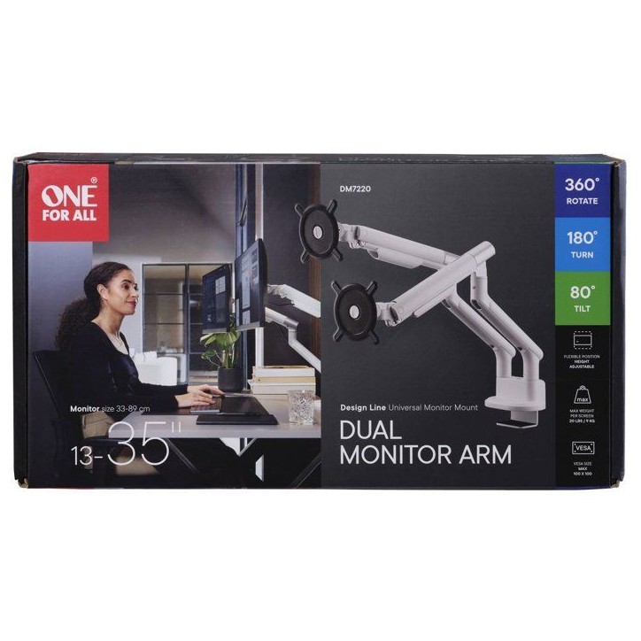 Support moniteur - ONE FOR ALL - Dynamic - Vesa 100 - Double Bras - 13 a 35'' - Blanc Support moniteur - ONE FOR ALL - Dynamic - Vesa 100 - Double Bras - 13 a 35'' - Blanc
