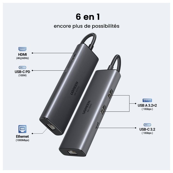 Hub USB-C 6 en 1 - UGREEN - Gris
