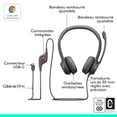 Casque - Filaire - Logitech - H390 - USB-C - Noir