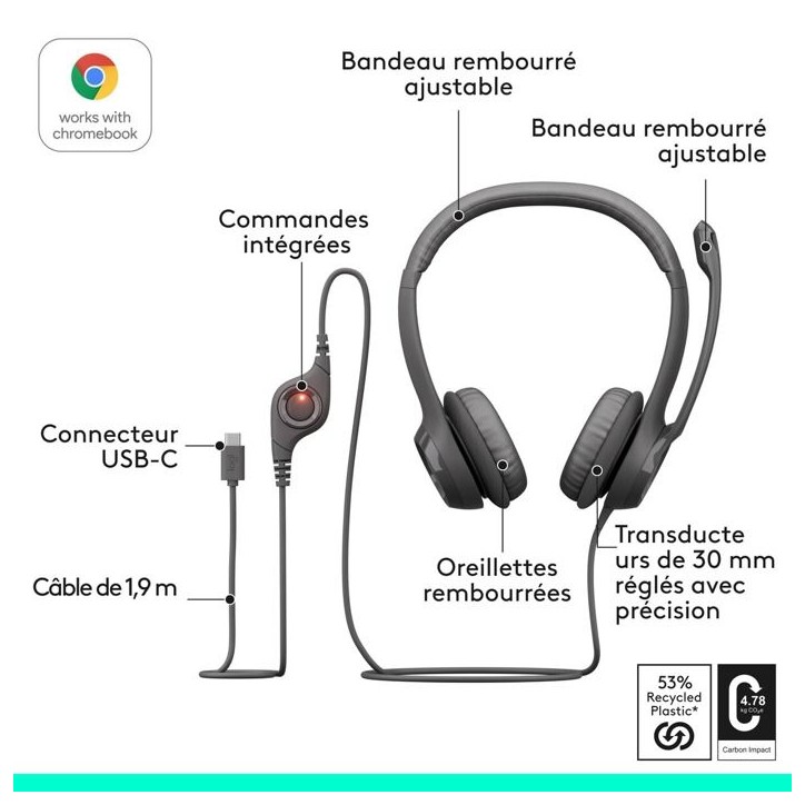 Casque - Filaire - Logitech - H390 - USB-C - Noir Casque - Filaire - Logitech - H390 - USB-C - Noir