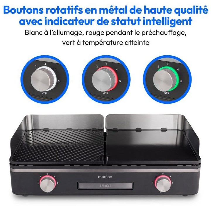 Plancha électrique MEDION - MD12027 - Double zones de cuisson - 52,1 x 28,4 x 10,2cm - 2400W Plancha électrique MEDION - MD12027 - Double zones de cuisson - 52,1 x 28,4 x 10,2cm - 2400W