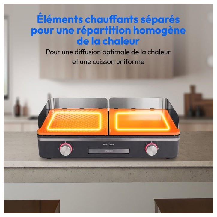 Plancha électrique MEDION - MD12027 - Double zones de cuisson - 52,1 x 28,4 x 10,2cm - 2400W Plancha électrique MEDION - MD12027 - Double zones de cuisson - 52,1 x 28,4 x 10,2cm - 2400W