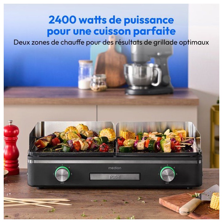 Plancha électrique MEDION - MD12027 - Double zones de cuisson - 52,1 x 28,4 x 10,2cm - 2400W Plancha électrique MEDION - MD12027 - Double zones de cuisson - 52,1 x 28,4 x 10,2cm - 2400W