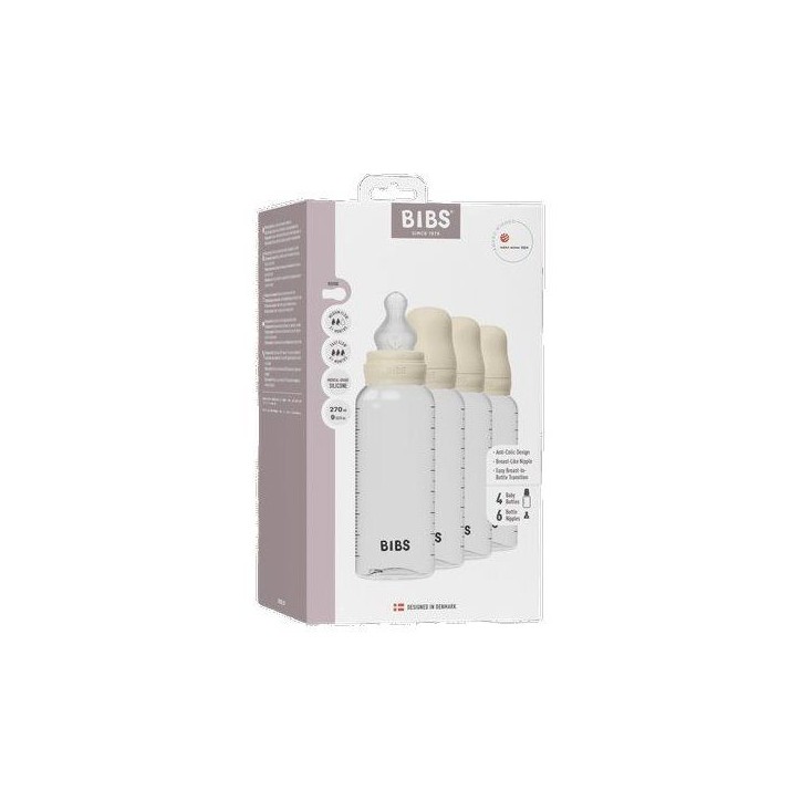 Biberon bébé - BIBS - Embout rond - Silicone - 270 ml - Débit moyen - Ivory - Pack de 4 Biberon bébé - BIBS - Embout rond - Silicone - 270 ml - Débit moyen - Ivory - Pack de 4