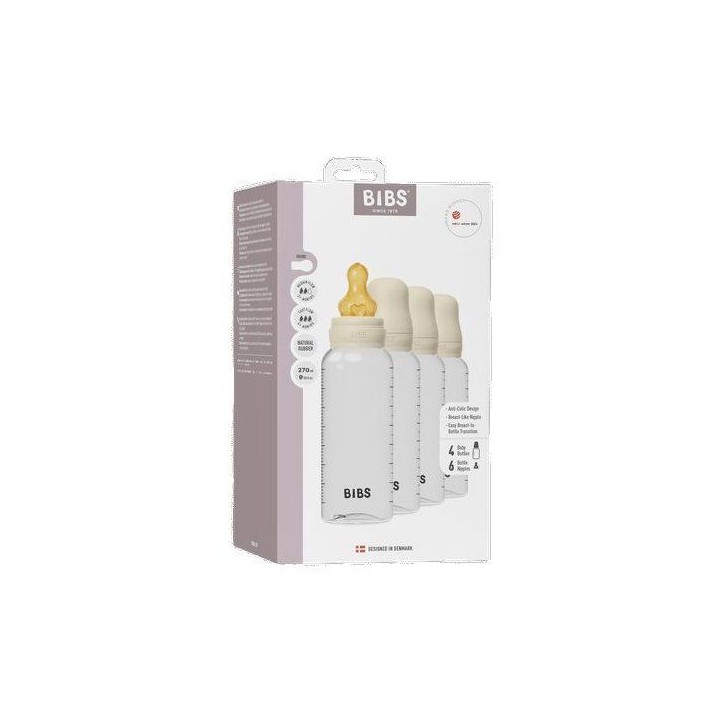 Biberon bébé - BIBS - Embout rond - Caoutchouc naturel - 270 ml - Débit moyen - Ivory - Pack de 4 Biberon bébé - BIBS - Embout rond - Caoutchouc naturel - 270 ml - Débit moyen - Ivory - Pack de 4