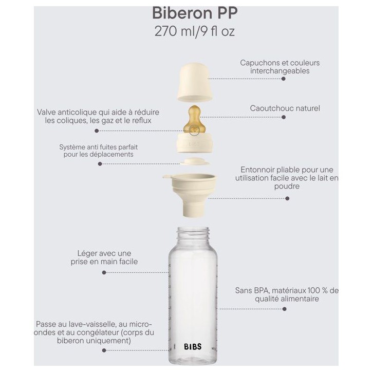Biberon bébé - BIBS - Embout rond - Caoutchouc naturel - 270 ml - Débit moyen - Ivory - Pack de 4 Biberon bébé - BIBS - Embout rond - Caoutchouc naturel - 270 ml - Débit moyen - Ivory - Pack de 4