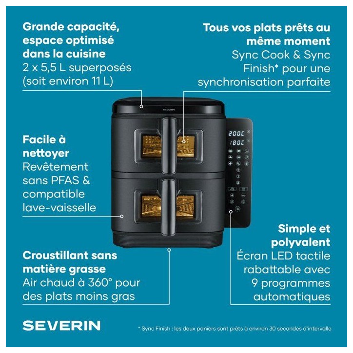 Friteuse sans huile - SEVERIN - AirFryer FR2468 - Capacité 11 L - Double cuve - 9 programmes - Écran tactile - 2600 W