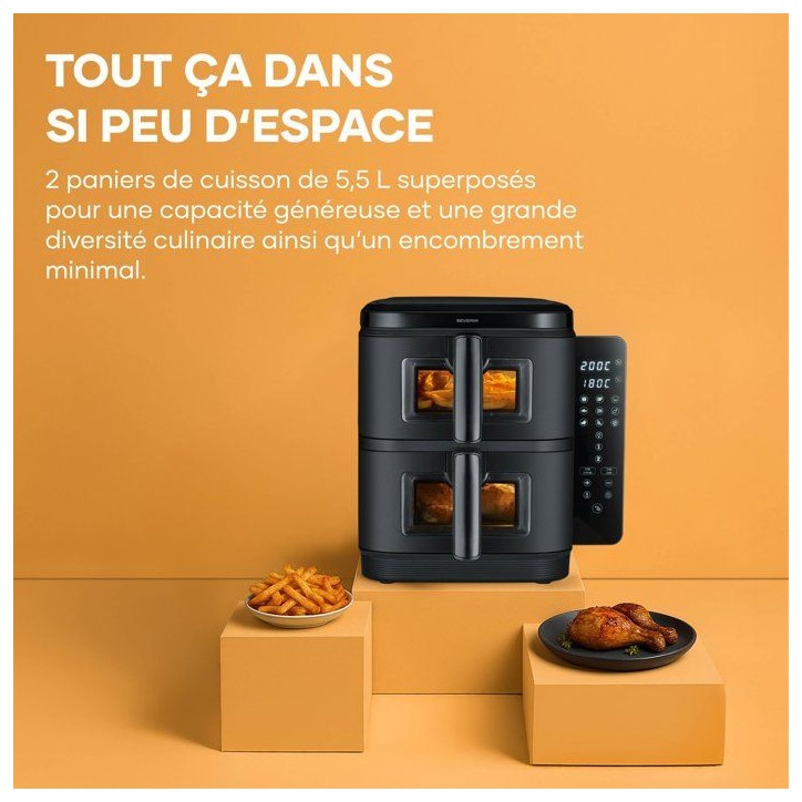 Friteuse sans huile - SEVERIN - AirFryer FR2468 - Capacité 11 L - Double cuve - 9 programmes - Écran tactile - 2600 W