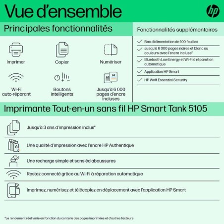 Imprimante Multifonction - HP - Smart Tank 5109 – Wi-Fi et Bluetooth - Réservoir d'encre – Couleurs