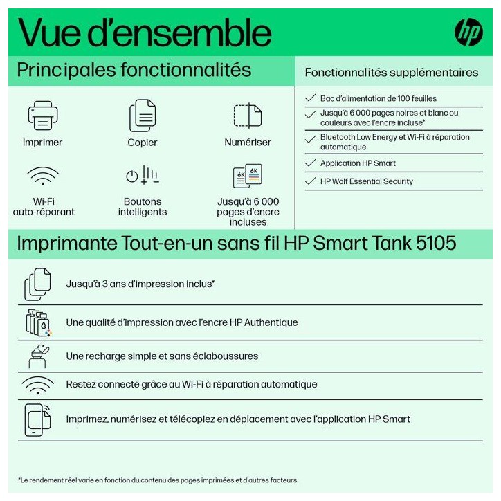 Imprimante Multifonction - HP - Smart Tank 5109 – Wi-Fi et Bluetooth - Réservoir d'encre – Couleurs