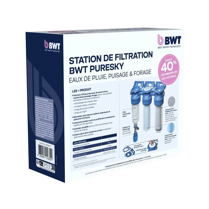 Station de filtration triplex - BWT - PURESKY 50 µm rétro-lavable + ARCTIC 20 µm + PUREBLOCK 10 µm Station de filtration triplex - BWT - PURESKY 50 µm rétro-lavable + ARCTIC 20 µm + PUREBLOCK 10 µm