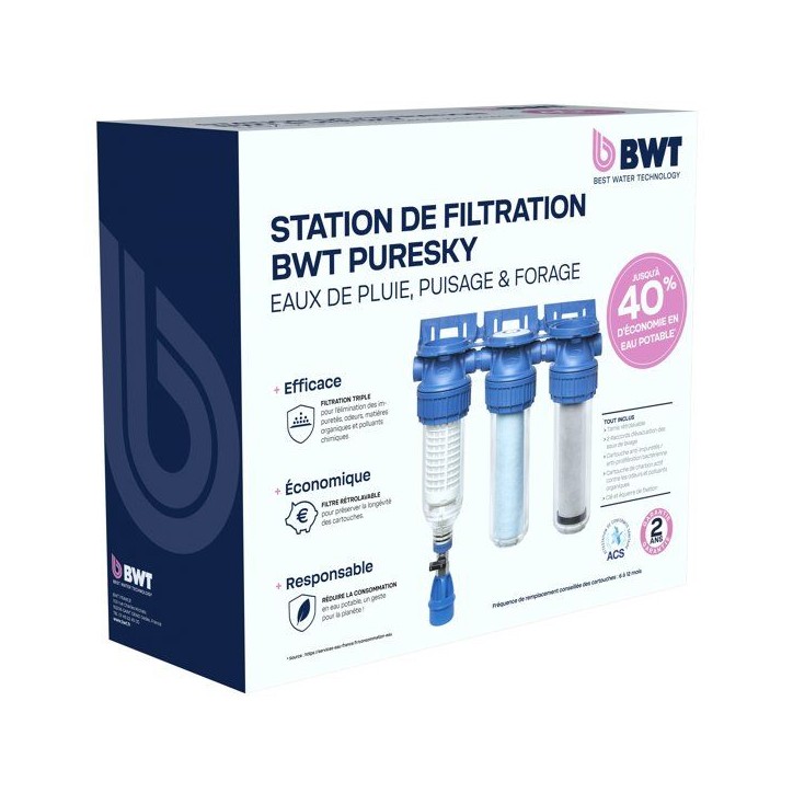 Station de filtration triplex - BWT - PURESKY 50 µm rétro-lavable + ARCTIC 20 µm + PUREBLOCK 10 µm Station de filtration triplex - BWT - PURESKY 50 µm rétro-lavable + ARCTIC 20 µm + PUREBLOCK 10 µm