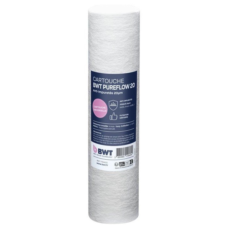Cartouche filtrante - BWT - Extrudée 20 µm - Retient boues/sable/rouille/particules fines - Compatible filtres 10''