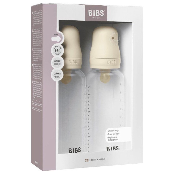 Biberon bébé - BIBS - Embout rond - Caoutchouc naturel - 270 ml - Débit moyen - Ivory - Pack de 2 Biberon bébé - BIBS - Embout rond - Caoutchouc naturel - 270 ml - Débit moyen - Ivory - Pack de 2