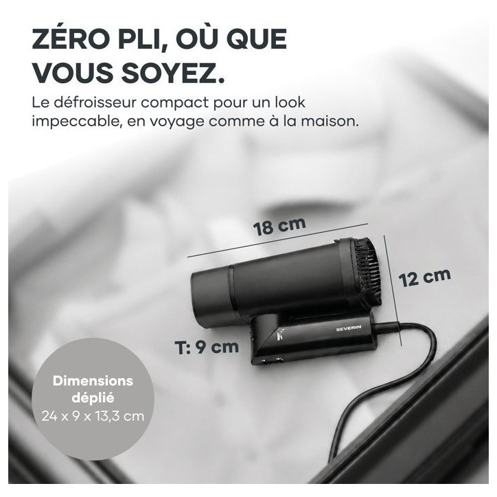 Défroisseur vapeur de voyage - SEVERIN - DG3282- Steamer pliable pour textiles - Résevoir 130ml - 1400 W - Noir Défroisseur vapeur de voyage - SEVERIN - DG3282- Steamer pliable pour textiles - Résevoir 130ml - 1400 W - Noir