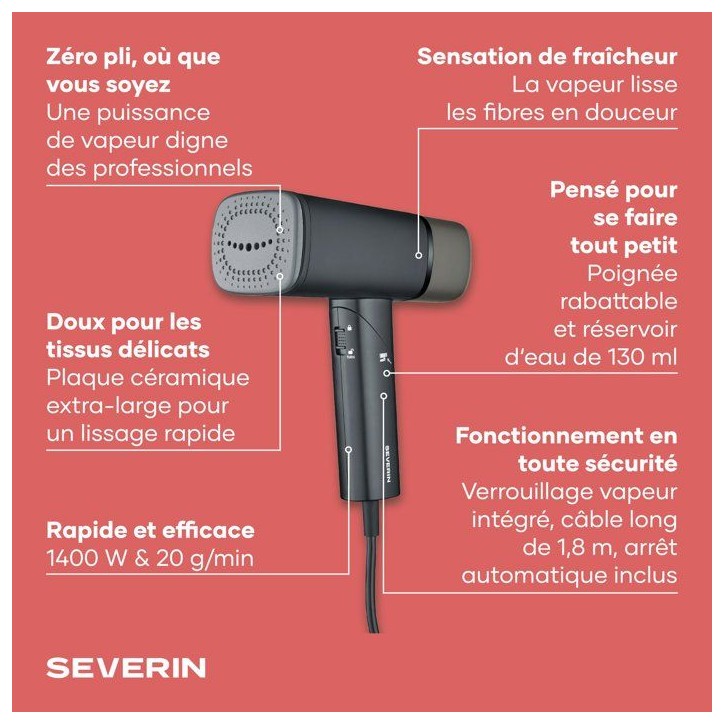 Défroisseur vapeur de voyage - SEVERIN - DG3282- Steamer pliable pour textiles - Résevoir 130ml - 1400 W - Noir Défroisseur vapeur de voyage - SEVERIN - DG3282- Steamer pliable pour textiles - Résevoir 130ml - 1400 W - Noir