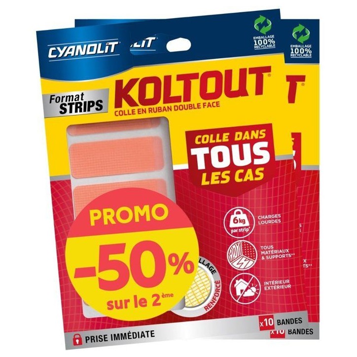 Lot de 2 rubans adhésifs double face - CYANOLIT - KOLTOUT RUBAN - Strips x10 - Haute adhérence