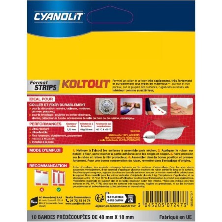 Lot de 2 rubans adhésifs double face - CYANOLIT - KOLTOUT RUBAN - Strips x10 - Haute adhérence