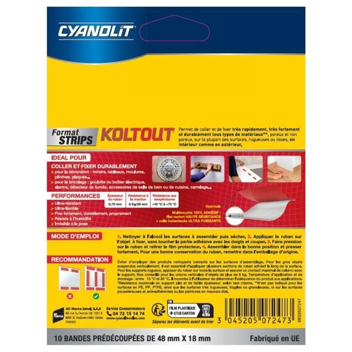 Lot de 2 rubans adhésifs double face - CYANOLIT - KOLTOUT RUBAN - Strips x10 - Haute adhérence