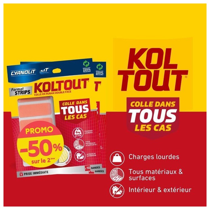 Lot de 2 rubans adhésifs double face - CYANOLIT - KOLTOUT RUBAN - Strips x10 - Haute adhérence