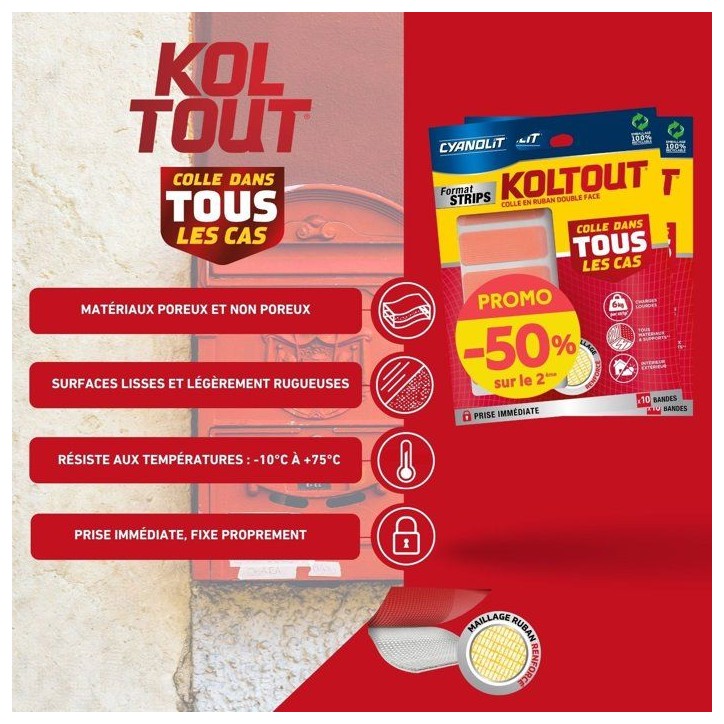 Lot de 2 rubans adhésifs double face - CYANOLIT - KOLTOUT RUBAN - Strips x10 - Haute adhérence