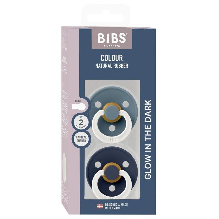 Sucette bébé - BIBS - Colour - Embout rond phosphorescent - Pack de 2 - Caoutchouc naturel - Taille 2 Petrol Deep Space