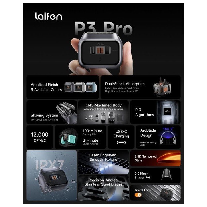 Rasoir électrique - LAIFEN - P3 Pro - Moteur linéaire - Lame aluminium - Haute précision