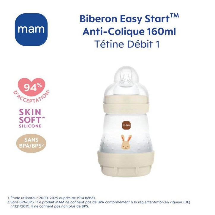 Biberon - MAM - Easy Start Anti-Colique - 160 ml - Tétine débit 1 - Sable Biberon - MAM - Easy Start Anti-Colique - 160 ml - Tétine débit 1 - Sable