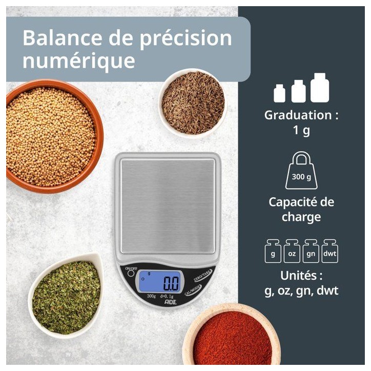 Balance de cuisine digitale - ADE - POCKET - Plastique ABS - De 0,1 a 300 Gr - Inclus 2 piles AAA Balance de cuisine digitale - ADE - POCKET - Plastique ABS - De 0,1 a 300 Gr - Inclus 2 piles AAA